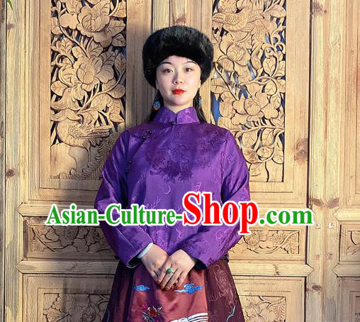 China Classical Peony Butterfly Pattern Purple Silk Blouse National Women Slant Opening Cheongsam Shirt
