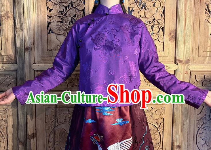 China Classical Peony Butterfly Pattern Purple Silk Blouse National Women Slant Opening Cheongsam Shirt