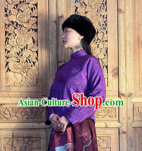 China Classical Peony Butterfly Pattern Purple Silk Blouse National Women Slant Opening Cheongsam Shirt