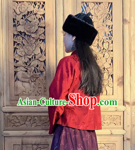 China National Cheongsam Shirt Classical Peony Butterfly Pattern Dark Red Silk Blouse