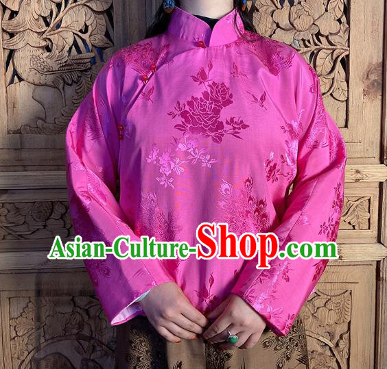 China National Women Slant Opening Cheongsam Shirt Classical Peony Butterfly Pattern Rosy Silk Blouse