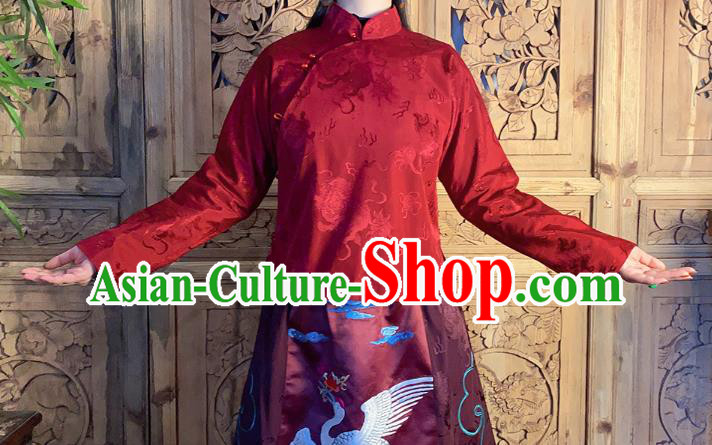 China National Cheongsam Shirt Classical Peony Butterfly Pattern Dark Red Silk Blouse
