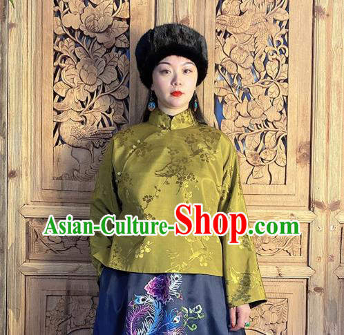 China Classical Peony Butterfly Pattern Olive Green Silk Blouse National Cheongsam Shirt