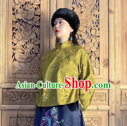 China Classical Peony Butterfly Pattern Olive Green Silk Blouse National Cheongsam Shirt