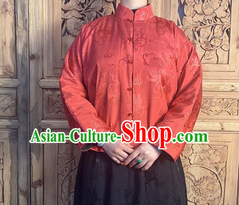 China Classical Lion Pattern Red Silk Blouse National Cheongsam Shirt Upper Outer Garment