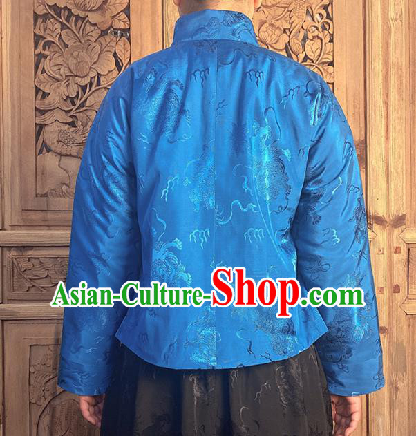 China National Cheongsam Shirt Upper Outer Garment Classical Lion Pattern Royalblue Silk Blouse
