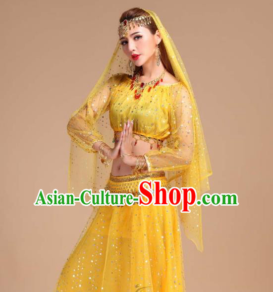 Asian India Folk Dance Clothing Indian Traditional Court Stage Performance Yellow Skirt Outfits