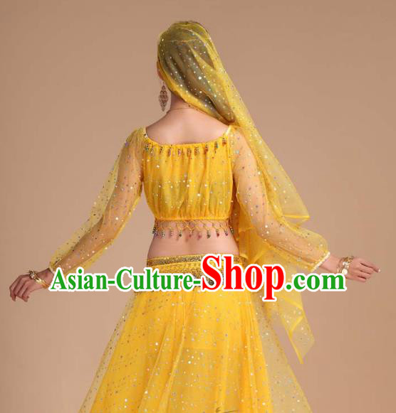 Asian India Folk Dance Clothing Indian Traditional Court Stage Performance Yellow Skirt Outfits