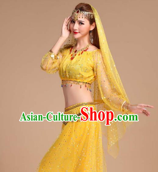 Asian India Folk Dance Clothing Indian Traditional Court Stage Performance Yellow Skirt Outfits