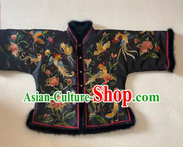 Chinese National Navy Silk Coat Classical Embroidered Phoenix Peony Cotton Wadded Jacket Winter Costume