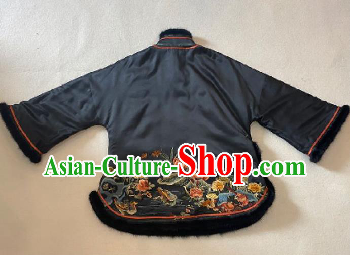 Chinese Classical Embroidered Lotus Jacket Winter Costume National Black Silk Cotton Wadded Coat
