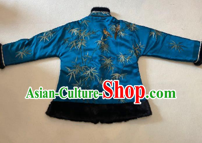 Chinese Winter Female Costume National Cotton Wadded Coat Embroidered Bamboo Leaf Blue Silk Jacket