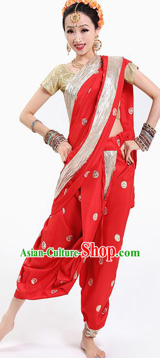 Top Indian Oriental Dance Golden Blouse and Red Pants Folk Dance Stage Performance Costume