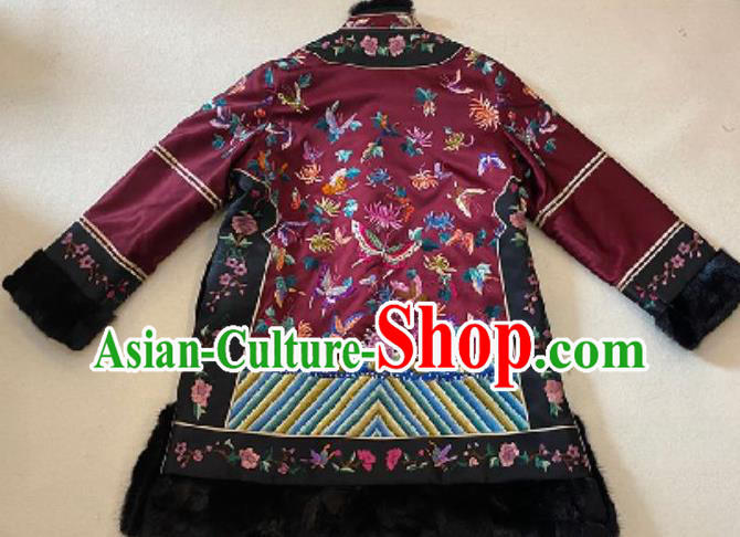 Chinese National Embroidered Butterfly Jacket Purple Silk Cotton Wadded Coat Costume