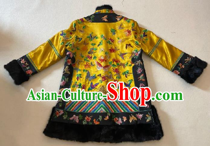 Chinese National Costume Embroidered Butterfly Jacket Yellow Silk Cotton Wadded Coat