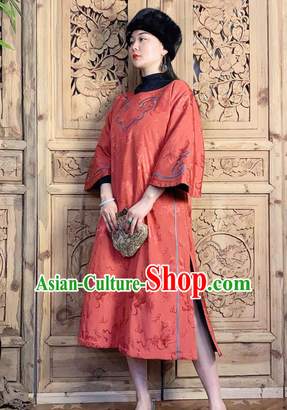 China Traditional Embroidered Red Silk Qipao Dress National Women Clothing Classical Wide Sleeve Cheongsam