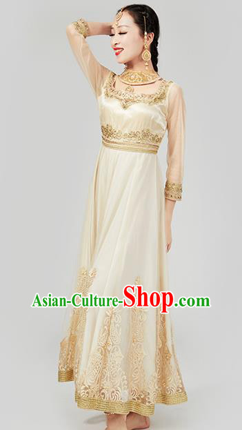 Asian India Traditional Embroidered Champagne Anarkali Dress Clothing Indian Court Beauty Costumes