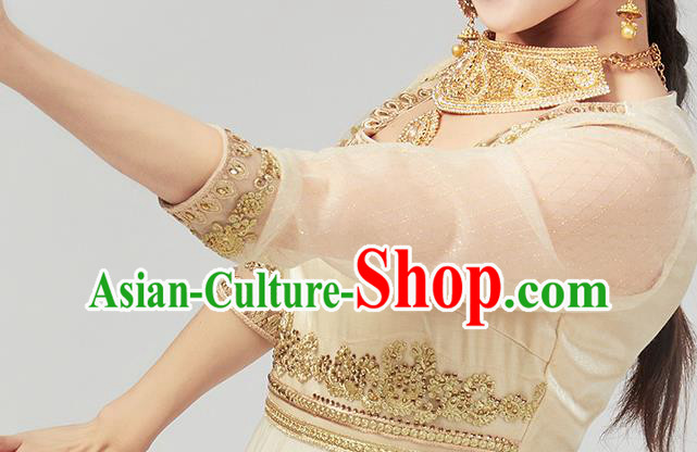 Asian India Traditional Embroidered Champagne Anarkali Dress Clothing Indian Court Beauty Costumes