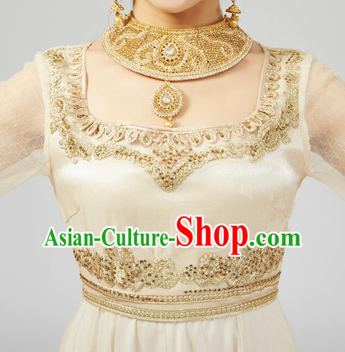 Asian India Traditional Embroidered Champagne Anarkali Dress Clothing Indian Court Beauty Costumes