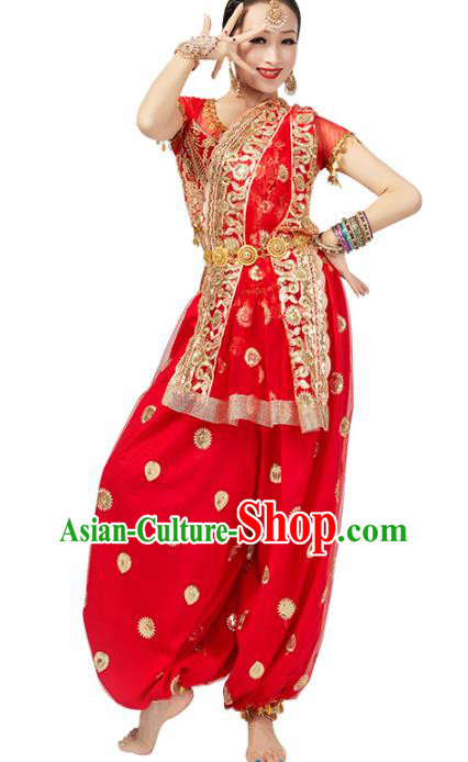 Top Indian Young Lady Red Uniforms Blouse and Pants India Folk Dance Costumes