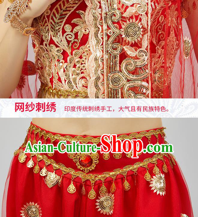 Top Indian Young Lady Red Uniforms Blouse and Pants India Folk Dance Costumes