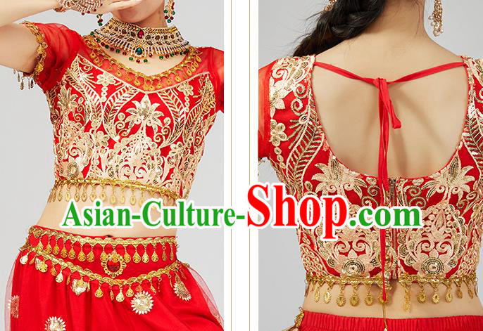 Top Indian Young Lady Red Uniforms Blouse and Pants India Folk Dance Costumes