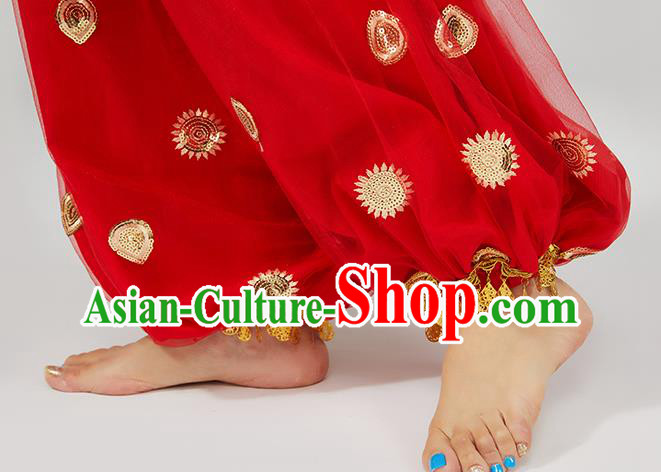 Top Indian Young Lady Red Uniforms Blouse and Pants India Folk Dance Costumes