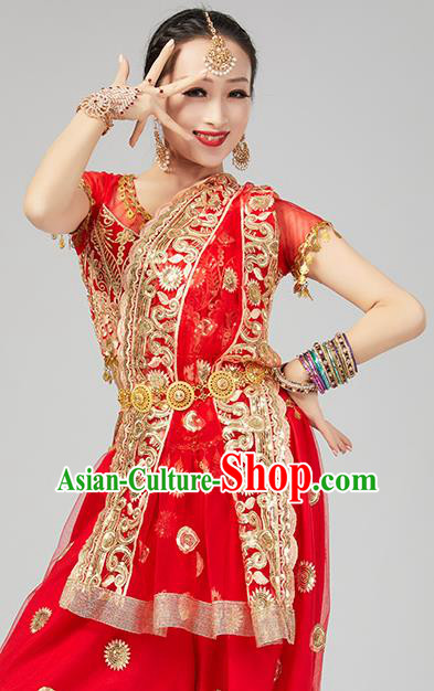 Top Indian Young Lady Red Uniforms Blouse and Pants India Folk Dance Costumes
