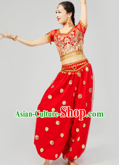 Top Indian Young Lady Red Uniforms Blouse and Pants India Folk Dance Costumes