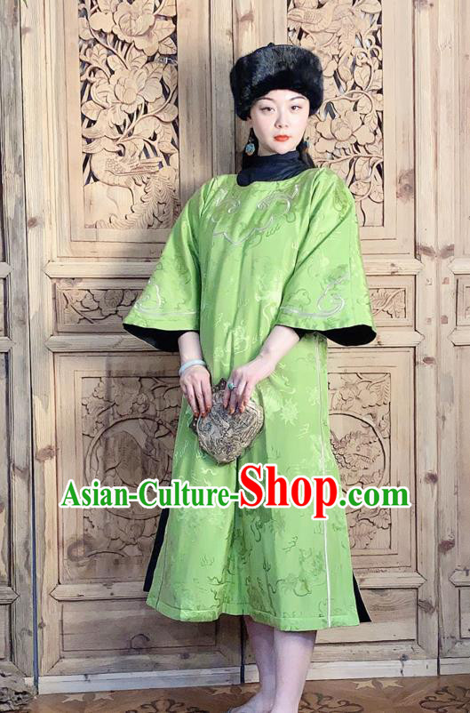 China National Women Clothing Classical Wide Sleeve Cheongsam Traditional Embroidered Green Silk Qipao Dress