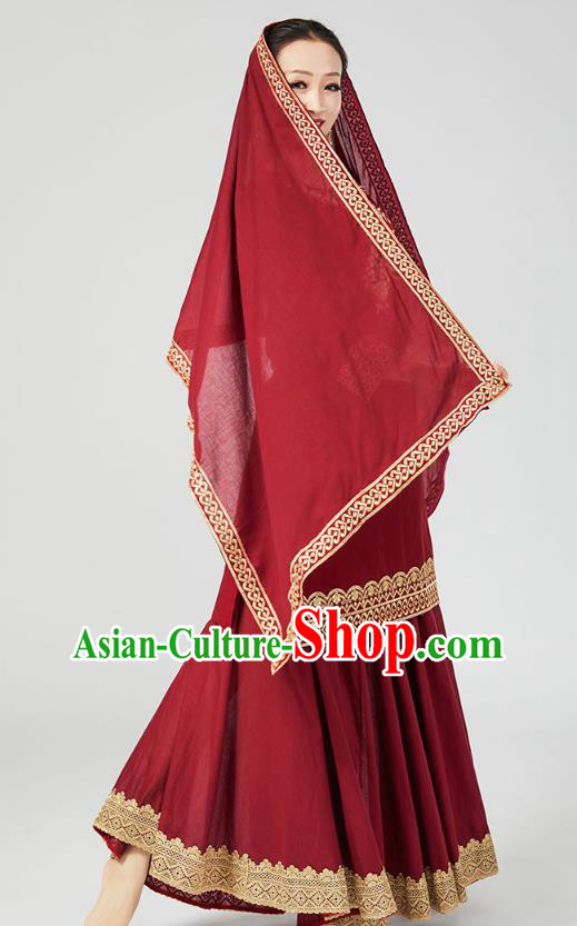 India Traditional Wine Red Punjab Clothing Asian Indian Female Dance Costumes