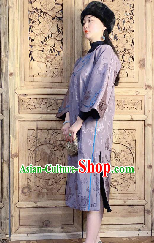 China Traditional Wide Sleeve Violet Silk Qipao Dress National Women Embroidered Clothing Classical Cheongsam