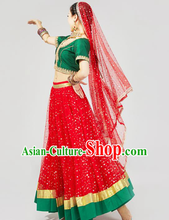 Asian Indian Traditional Court Princess Dress India Bollywood Dance Performance Clothing Green Top and Red Skirt