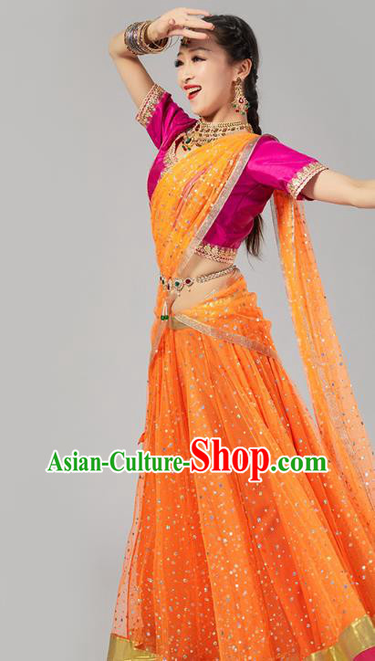 India Bollywood Dance Performance Clothing Asian Indian Rosy Top and Orange Skirt Traditional Court Princess Dress