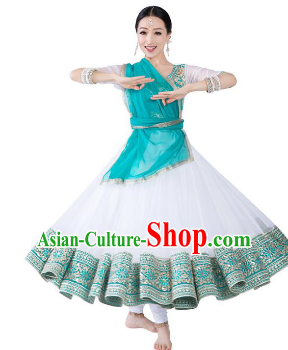 India Anarkali Dance Performance Clothing Asian Indian Traditional Court Princess White Dress and Pants