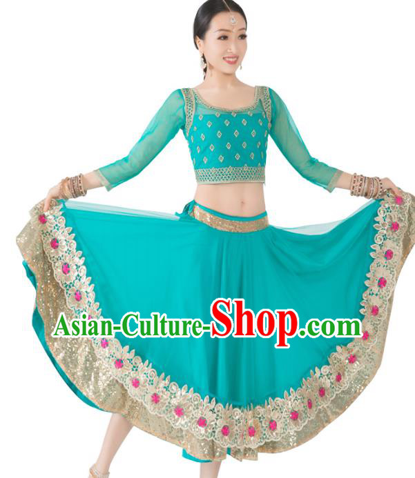 Asian India Bollywood Dance Clothing Indian Traditional Folk Dance Lehenga Blue Blouse and Dress