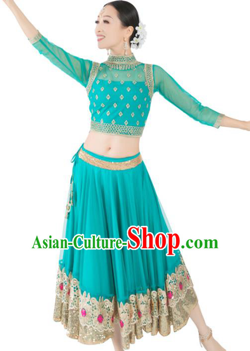 Asian India Bollywood Dance Clothing Indian Traditional Folk Dance Lehenga Blue Blouse and Dress