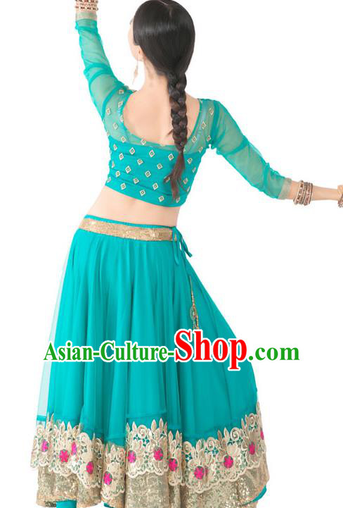 Asian India Bollywood Dance Clothing Indian Traditional Folk Dance Lehenga Blue Blouse and Dress