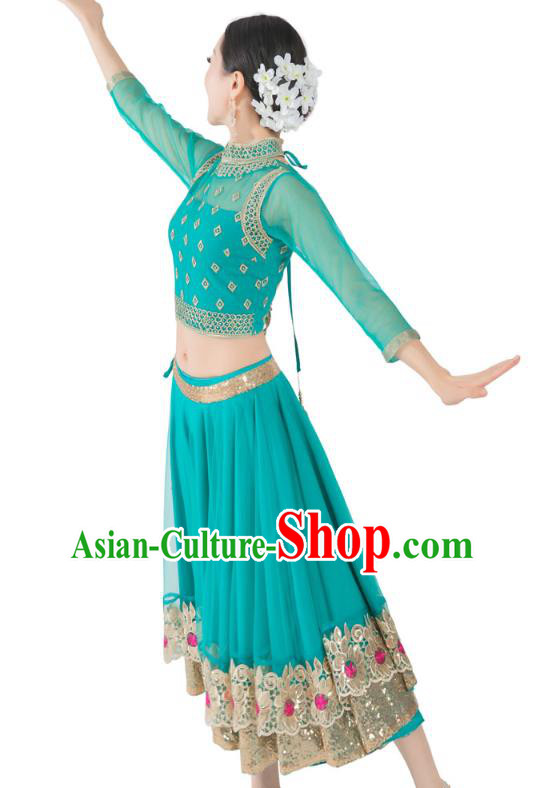 Asian India Bollywood Dance Clothing Indian Traditional Folk Dance Lehenga Blue Blouse and Dress