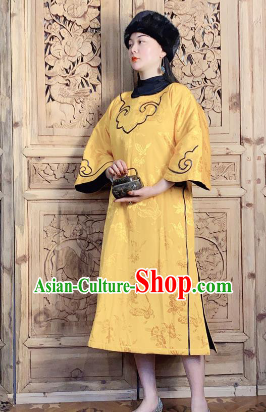 China Women Embroidered Clothing Classical Cheongsam Traditional Wide Sleeve Yellow Silk Qipao Dress