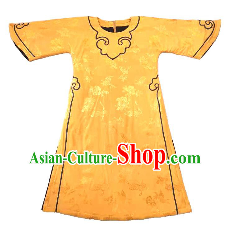 China Women Embroidered Clothing Classical Cheongsam Traditional Wide Sleeve Yellow Silk Qipao Dress