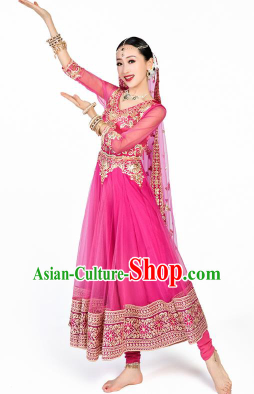Asian India Bollywood Stage Performance Clothing Indian Traditional Dance Embroidered Rosy Anarkali Dress and Pants