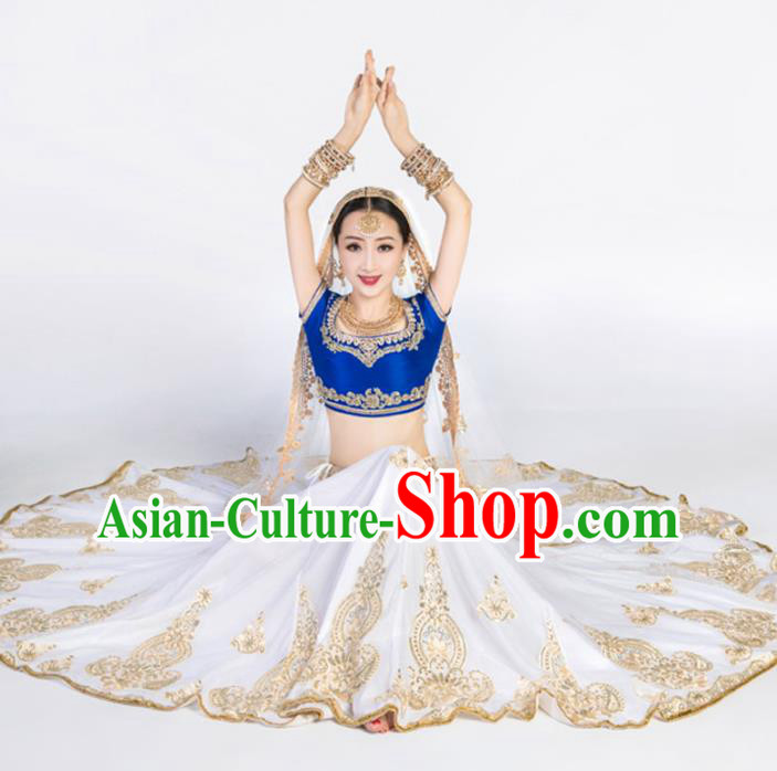 Asian India Bollywood Dance Clothing Indian Traditional Lehenga Clothing Embroidered Blue Top and White Skirt