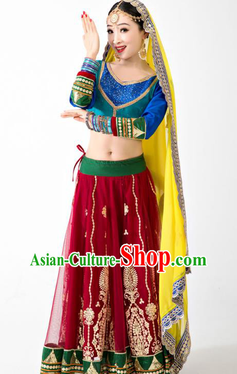 Indian Blue Top and Red Skirt Asian India Bollywood Dance Clothing Traditional Lehenga Clothing