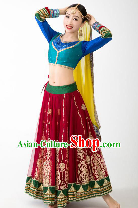 Indian Blue Top and Red Skirt Asian India Bollywood Dance Clothing Traditional Lehenga Clothing