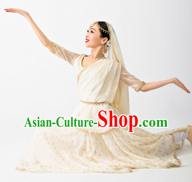 Asian India Anarkali Uniforms Traditional Folk Dance Clothing Indian Stage Performance Beige Dress