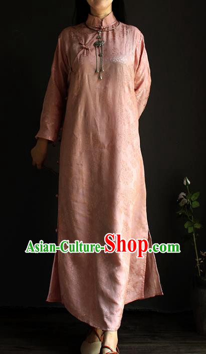 China Classical Pink Silk Cheongsam National Women Clothing Traditional Stand Collar Qipao Dress