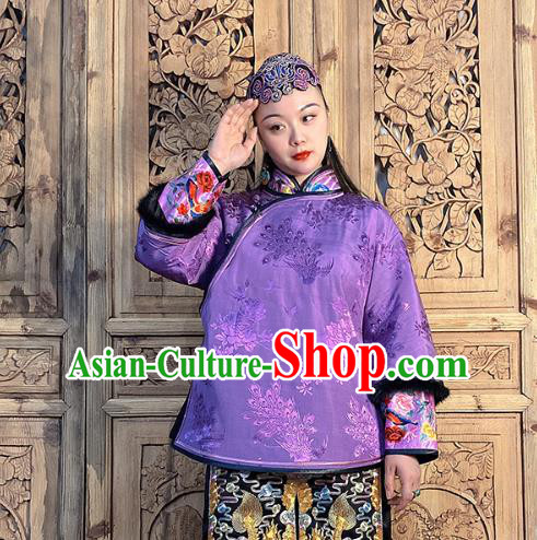 Chinese Hand Embroidery Purple Silk Cotton Wadded Jacket Traditional Tang Suit Outer Garment Short Coat