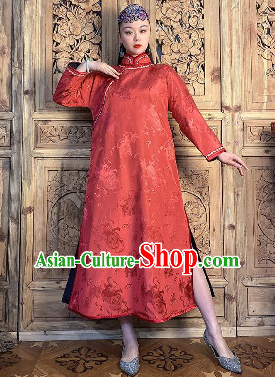 China Traditional Women Clothing Classical Kylin Pattern Cheongsam Red Silk Qipao Dress