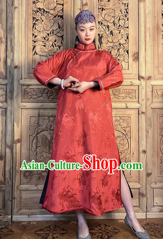 China Traditional Women Clothing Classical Kylin Pattern Cheongsam Red Silk Qipao Dress